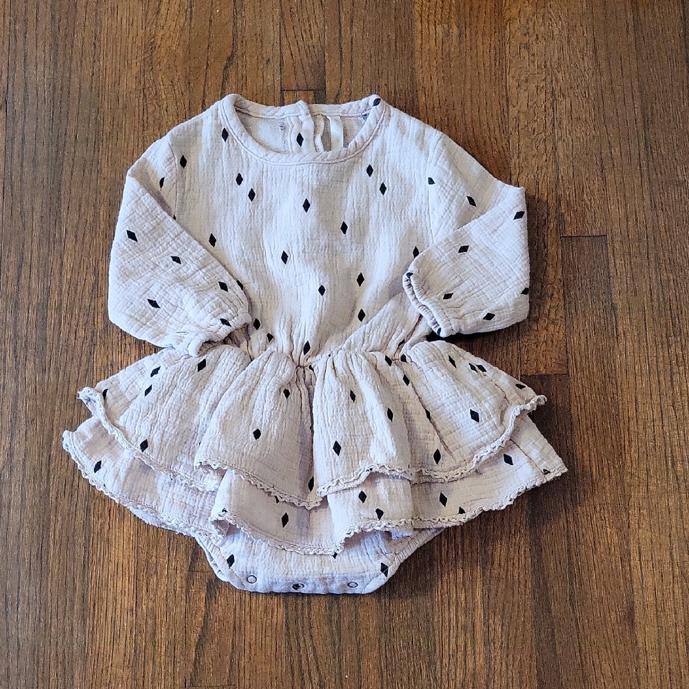 Quincy Mae Cream Ruffle Diamond-Print Baby Bodysuit Dress